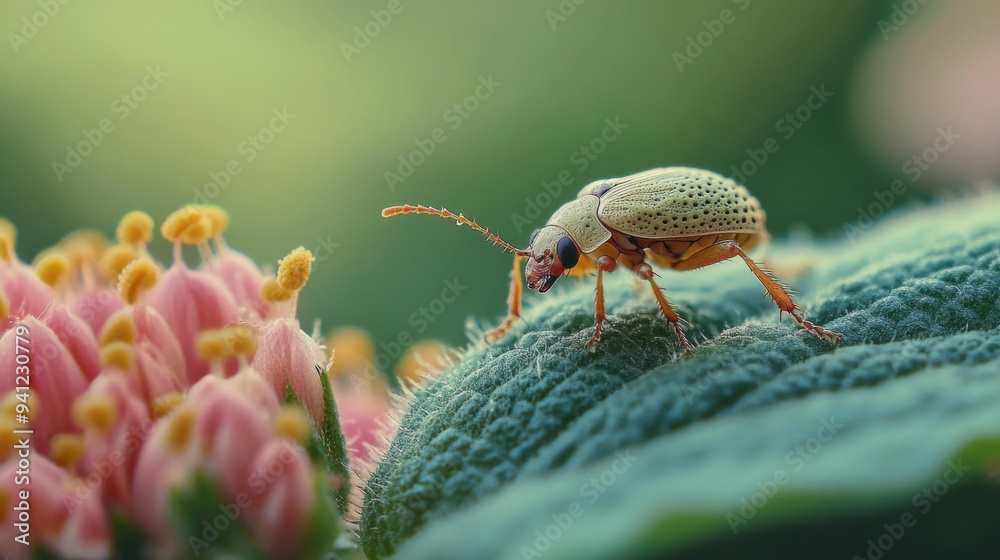 Poster a detailed shot of a small insect on a flower or leaf, showcasing its intricate features and natural