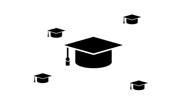 Zoom in and out animation the square academic cap symbol. Large black symbol in the center and four small symbols around. Seamless looped 4k animation on white background