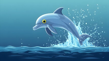Fototapeta premium Playful Dolphin Leaping Out of the Water with Googly Eyes Wobbling in Blue
