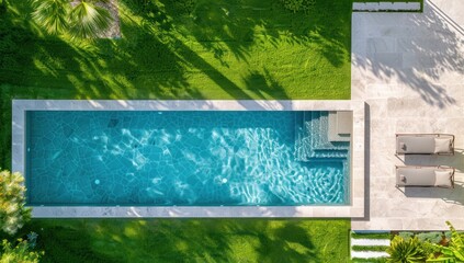 Aerial View of a Rectangular Swimming Pool in a Lush Backyard