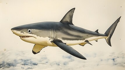 Fototapeta premium Silently Circling Shark with Googly Eyes in Minimalist Watercolor Style