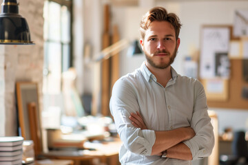 Obraz premium Portrait of young smiling designer man or business people standing at creative office.