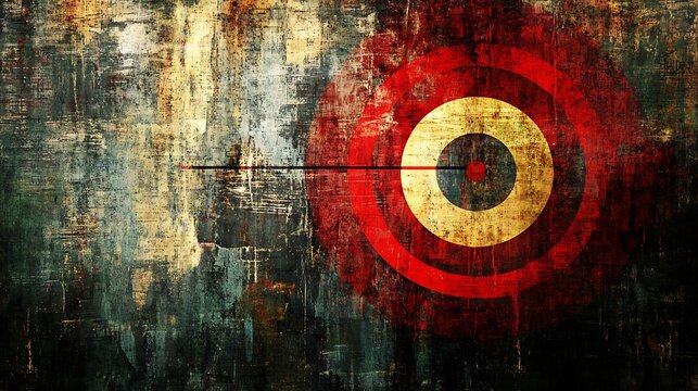 Grunge target with arrow, red, yellow, and black on textured background.