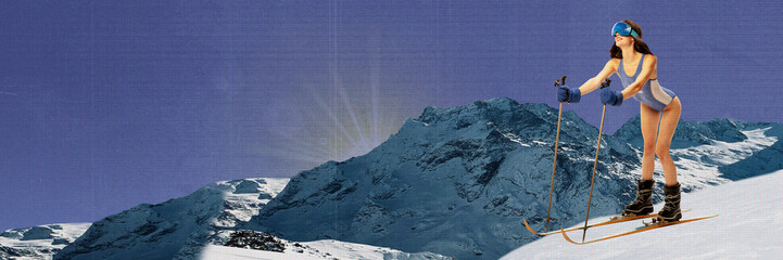 Banner. Contemporary art collage. Female skier poised on edge, evoking serene holiday moment....