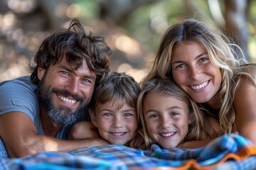 Obraz premium A happy family of four enjoying a picnic in the park, smiling and laughing together