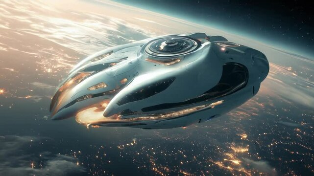 Large UFO hovering over a city at night with glowing lights illuminating the clouds