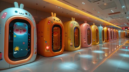 A child-friendly scanner at an airport, designed with bright colors and animations to ease the scanning process
