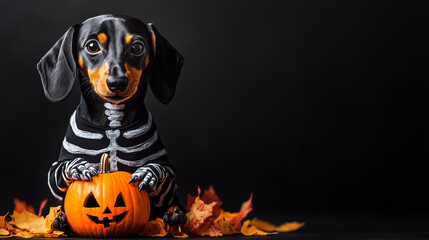 Dachshund dressed in a skeleton costume holding a small pumpkin. The background is black