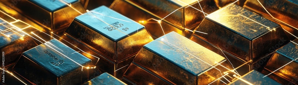 Poster close-up of shimmering gold bars stacked together, showcasing their rich texture and gleaming surfac