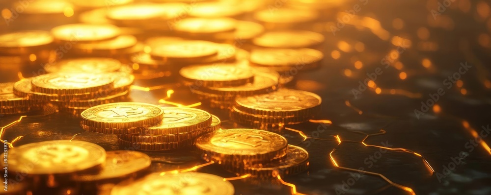 Poster a close-up of gleaming gold coins reflecting warm light, creating a captivating texture and luxuriou