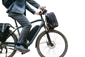 Naklejka premium A businessman rides a bicycle while wearing a suit and tie, perfect for an environmental or corporate image