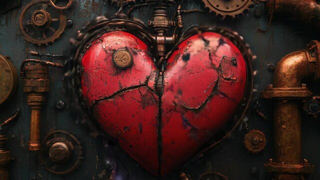 Steampunk-style heart with mechanical gears and pipes, featuring a weathered, industrial design