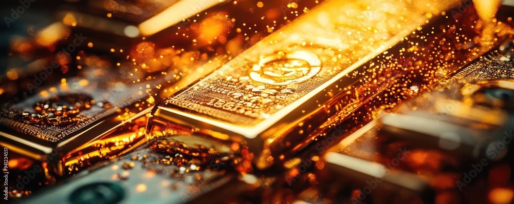 Poster dazzling close-up of golden bars reflecting light, showcasing wealth and prosperity with sparkles en