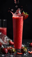 Refreshing Strawberry Smoothie Splash with Ice in a Tall Glass