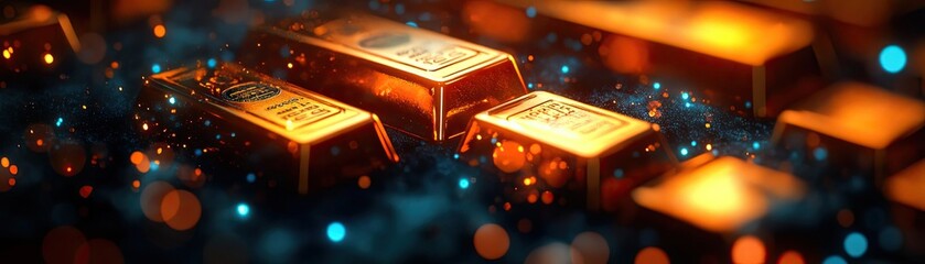 Close-up of gleaming gold bars surrounded by shimmering particles, symbolizing wealth, luxury, and precious investment.