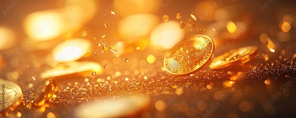 Poster close-up view of shining gold coins scattered on a surface, creating an appealing, luxurious backgro
