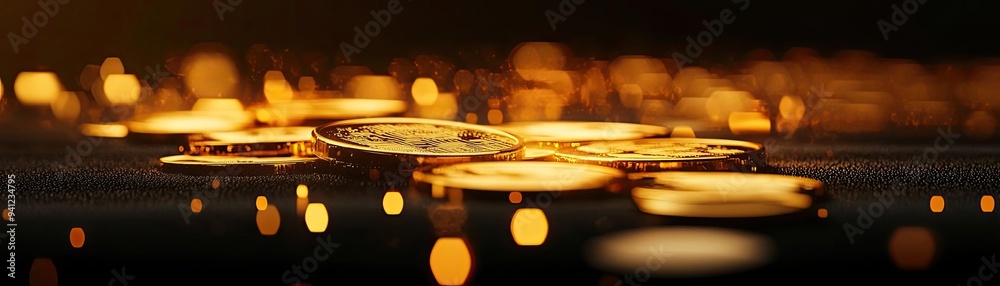 Poster close-up of shimmering gold coins scattered on a dark surface, reflecting light and creating a luxur