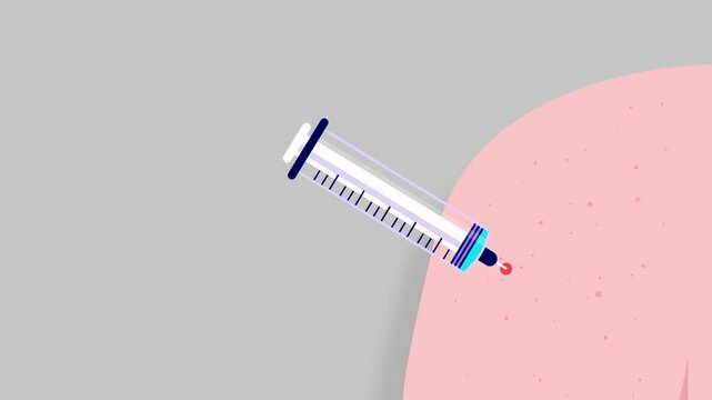 Syringe vaccine shot animation - Animated vector video in flat design of needle with medicine being injected in arm below shoulder. Health care vaccination and immunity treatment concept