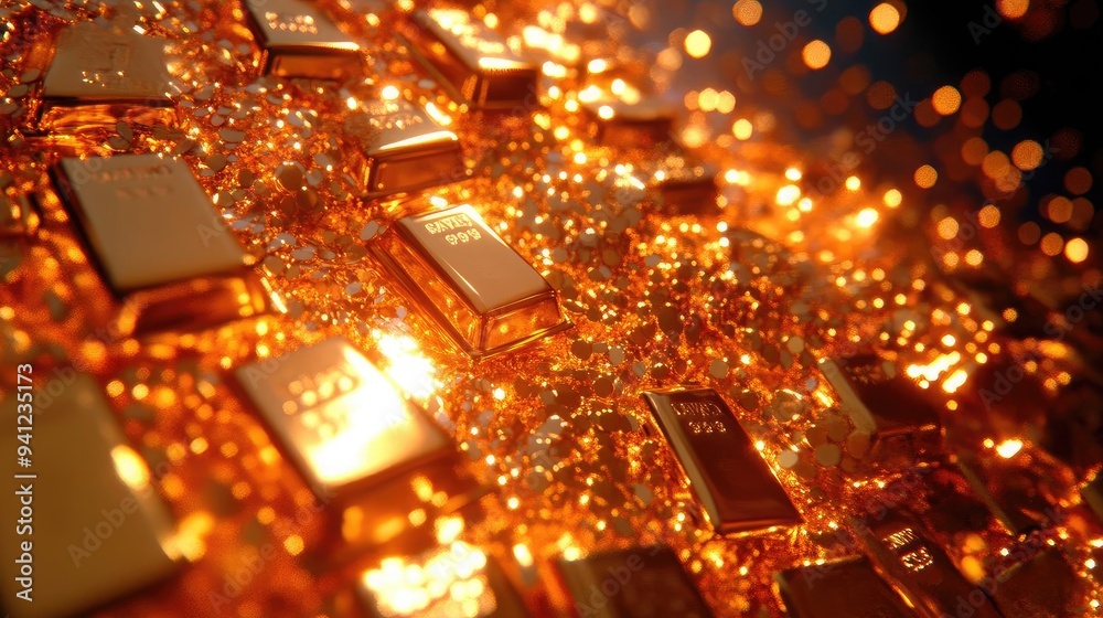 Poster Close-up view of gleaming gold bars surrounded by dazzling sparkles, symbolizing wealth and luxury in a vibrant display.