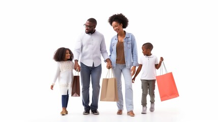 Obraz premium A happy family of four is shopping together and holding hands, displaying joy against a white backdrop. They share a moment filled with love and affection, enjoying their time bonding