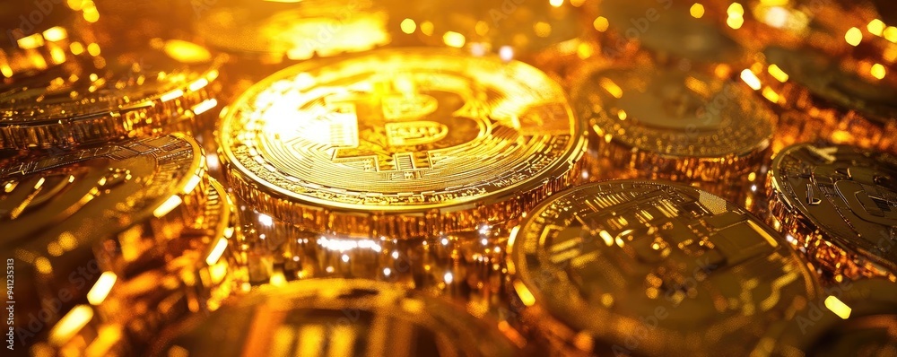 Poster close-up view of shiny bitcoin coins reflecting golden hues. symbolizes digital currency and investm