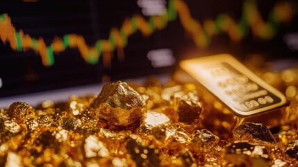 Close-up of gold bullion and nuggets on a financial market background, symbolizing wealth and investment opportunities.