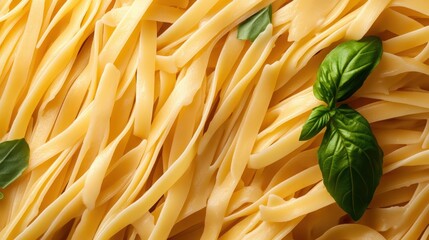 Delight in the Artistry of Pasta: A Luscious Dish Adorned with Fresh Basil and Golden Fettuccine Harmony