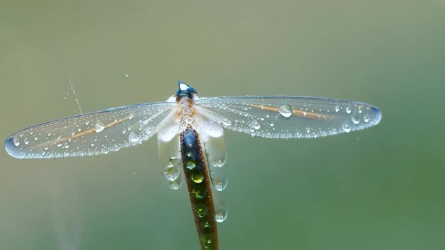 A close-up of a dragonfly with water droplets on its wings in a vibrant natural setting