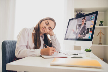 Obraz premium Photo portrait of teen cute daughter computer online tired sleepy wear uniform remote education home schooling isolated indoors background