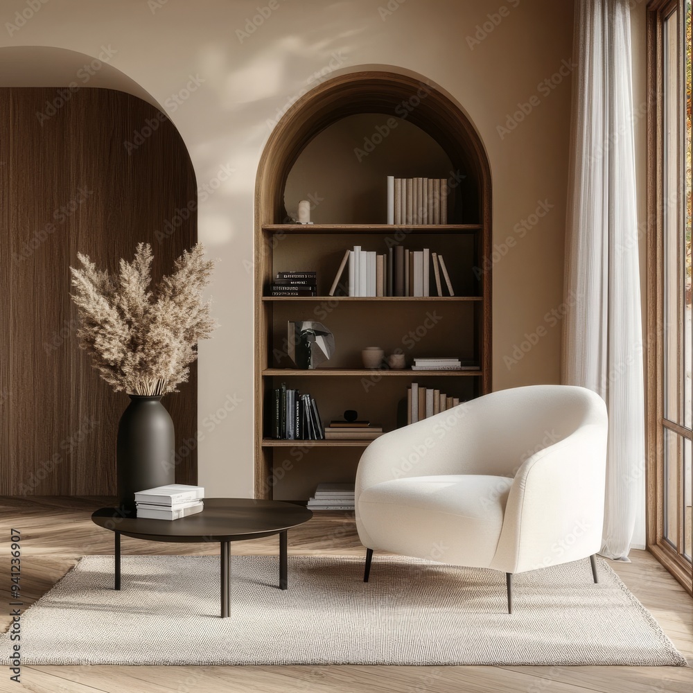 Sticker Couch and armchair in a beige chill room with a dresser and window