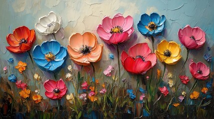 Oil painting of a vibrant spring garden with blooming flowers