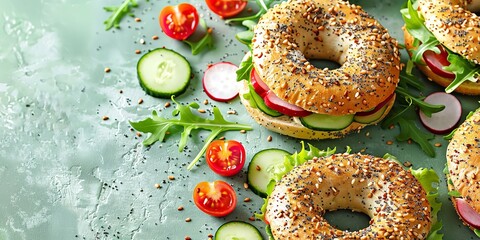 A close-up of freshly prepared bagel sandwiches with enough space for text on a tidy green background in a studio, Generative AI.