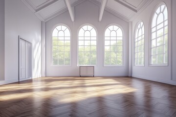 Fototapeta premium A bright and empty room interior with a countryside view can be seen from the panoramic windows.