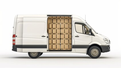 A white delivery van packed with cardboard boxes shows effective cargo transportation, courier services, and logistics solutions. The side view highlights its efficient and reliable nature