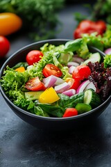 A fresh salad bowl filled with various vegetables, promoting healthy eating.