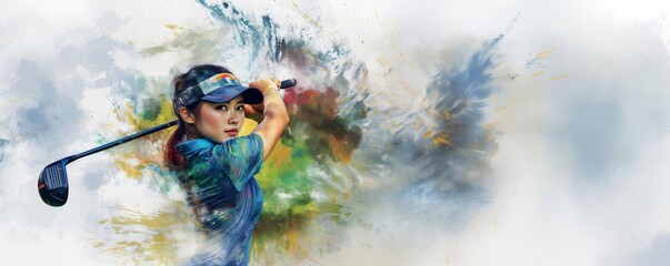 Digital painting of woman golfer executing a golf swing with an artistic watercolor background