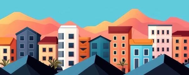 Colorful urban landscape with stylized buildings against a backdrop of mountains under a clear blue sky.