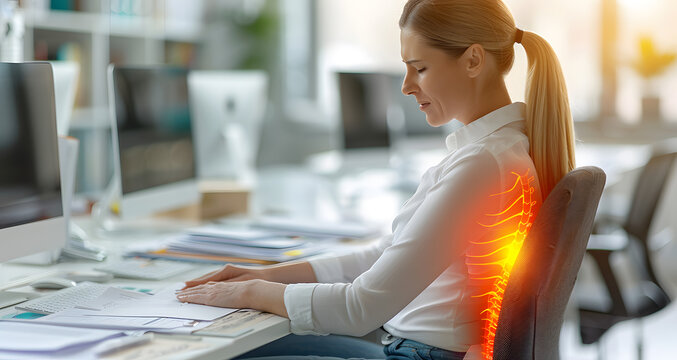 Woman sitting at an office desk with highlighted spine pain, illustrating poor posture, back health, and workplace ergonomics