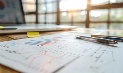 Printed Market Research Data Sheets with Line Graphs on Conference Table