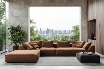 A mock up of the interior of a business office with a cozy lounge area and a panoramic window.