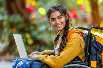 A young smiling female student with disability sitting in wheelchair using a laptop