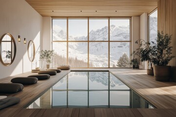 Spa interior in beige with loungers and panoramic windows