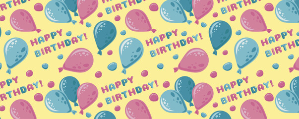 Festive pattern for birthday. Multicolored balloons, confetti and congratulatory inscriptions. Vector background. For textile, fabric, wallpaper, packaging.
