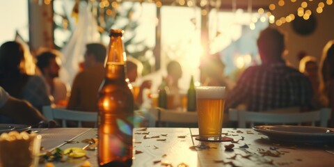 Obraz premium Sunset beer celebration with friends at outdoor festival