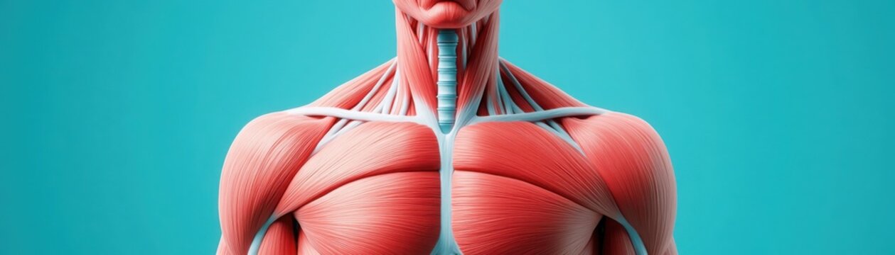 Muscular anatomy of the human chest, highlighting pectorals and intercostal muscles, 3D illustration