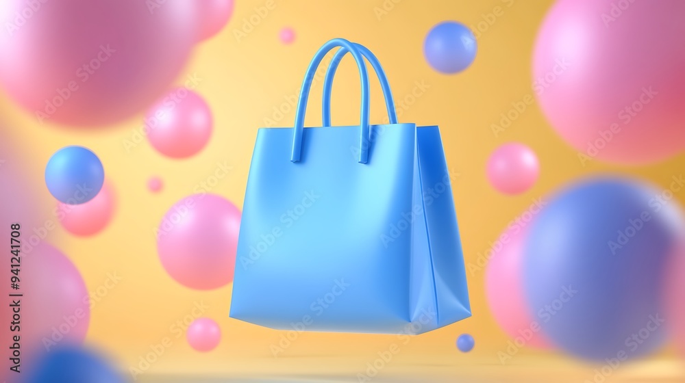 Wall mural blue shopping bag with handles floating among colorful balloons on a yellow background. creative, pl