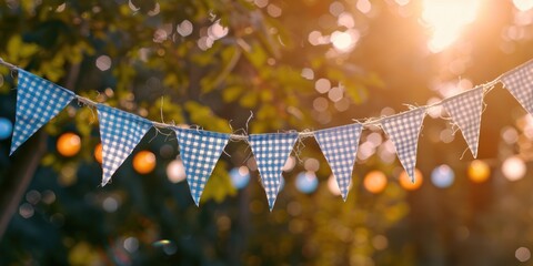 Blue checkered bunting flags hung outdoor, festive backdrop