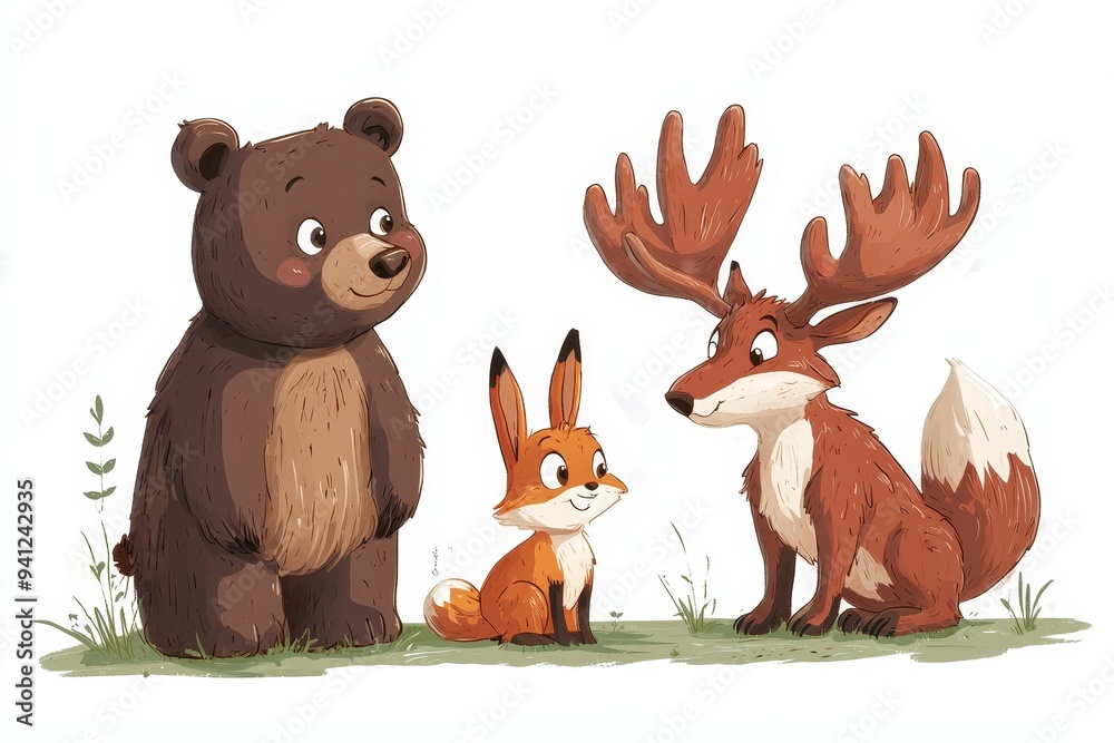 Sticker Isolated modern clipart of forest animals. Bear moose raccoon bunny fox and owl, funny cute animals set. Isolated modern clipart of forest animals group.