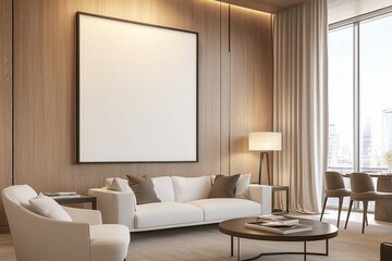 Living room interior with sofa and eating table, mockup frame of wooden home