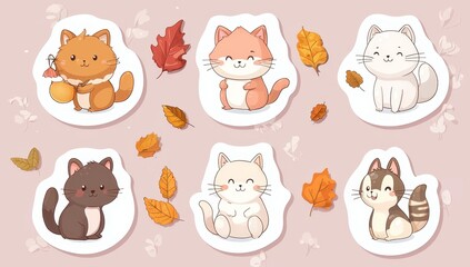 Obraz premium A cute animal and seasonal sticker collection for autumn